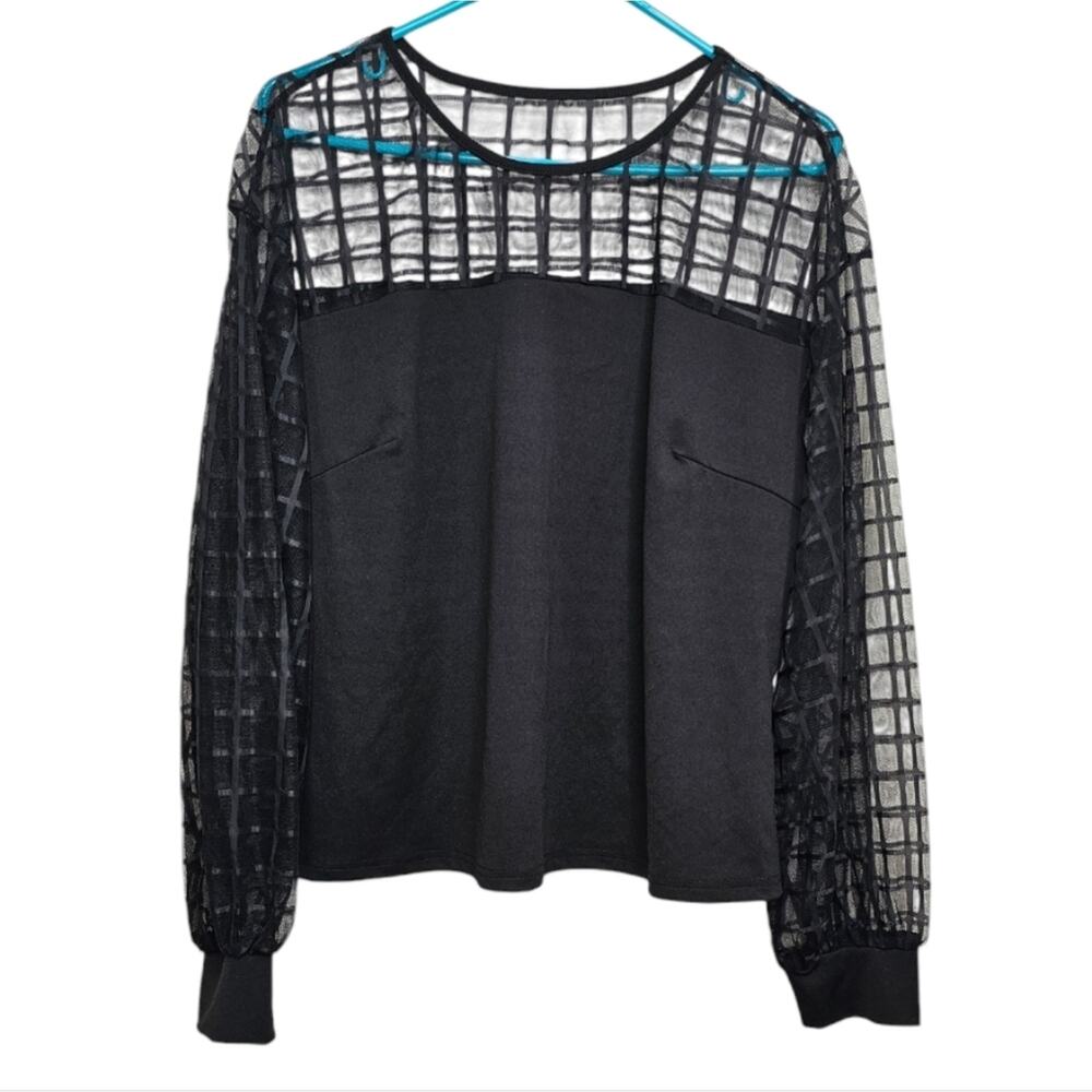 Shein Contrast Mesh Long Sleeve Crewneck Black Blouse 2 XL
